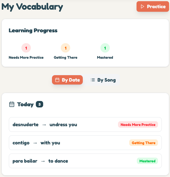 Vocabulary overview screenshot